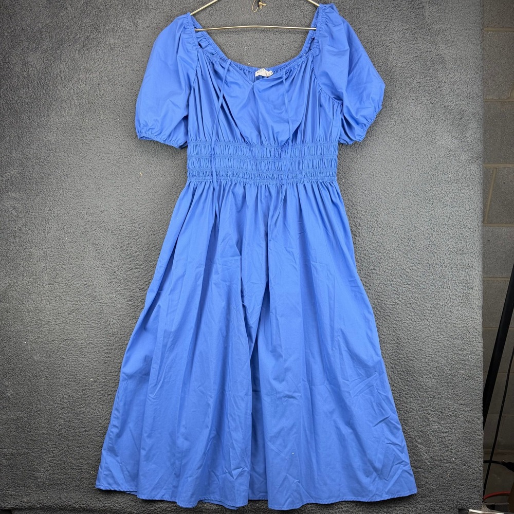 Just Found Women 2X Blue Smocked Waist Puff Sleeve Midi Peasant Dress Boho B012